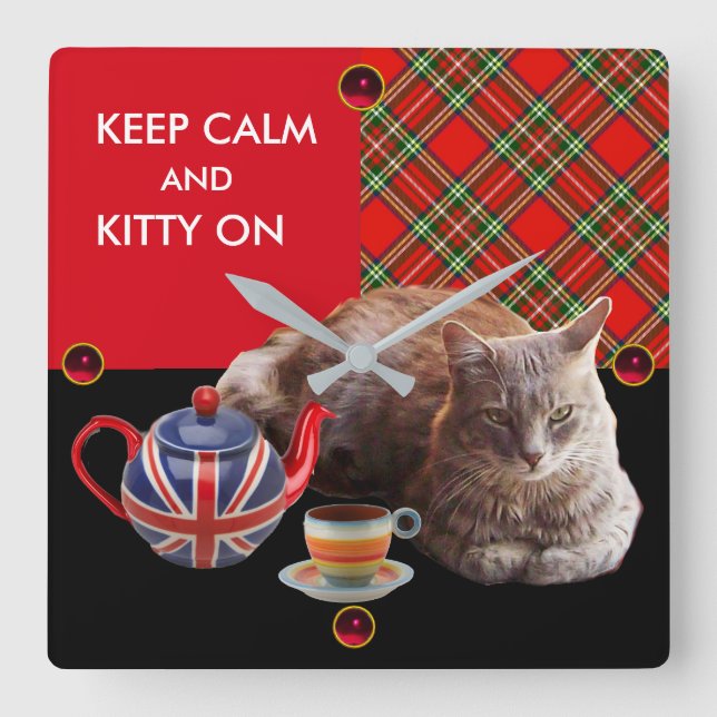 KEEP CALM AND KITTY ON ,RED TARTAN CAT TEA PARTY SQUARE WALL CLOCK (Front)