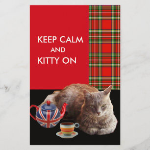 "KEEP CALM AND KITTY ON" ,RED TARTAN,CAT TEA PARTY STATIONERY