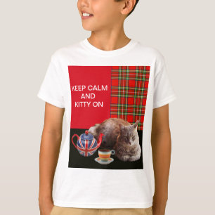 "KEEP CALM AND KITTY ON" ,RED TARTAN,CAT TEA PARTY T-Shirt