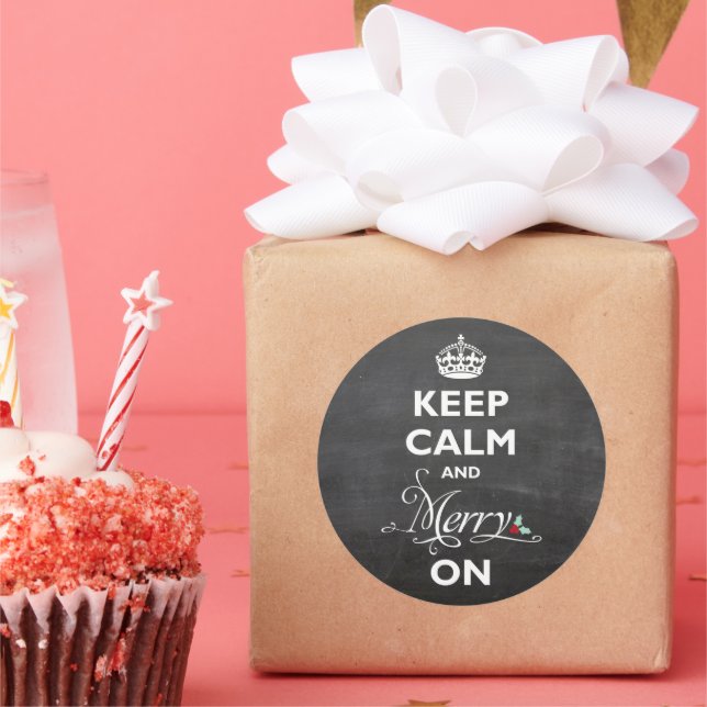 Keep Calm And Merry On Chalkboard Funny Holiday Classic Round Sticker (Party)