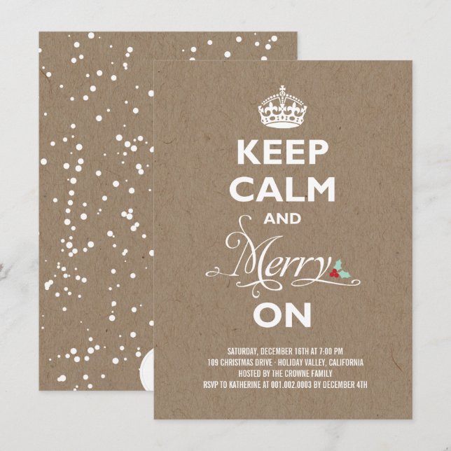 Keep Calm and Merry On Kraft Funny Holiday Party Invitation (Front/Back)