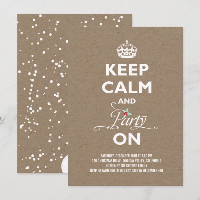 Keep Calm and Party On Kraft Funny Holiday Party Invitation (Front/Back)