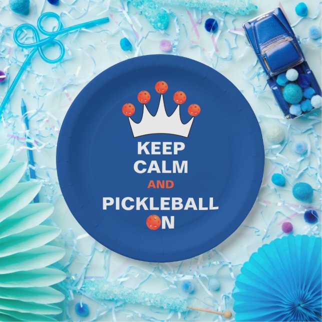 Keep Calm and Pickleball On, Blue Orange and White Paper Plate (Party)