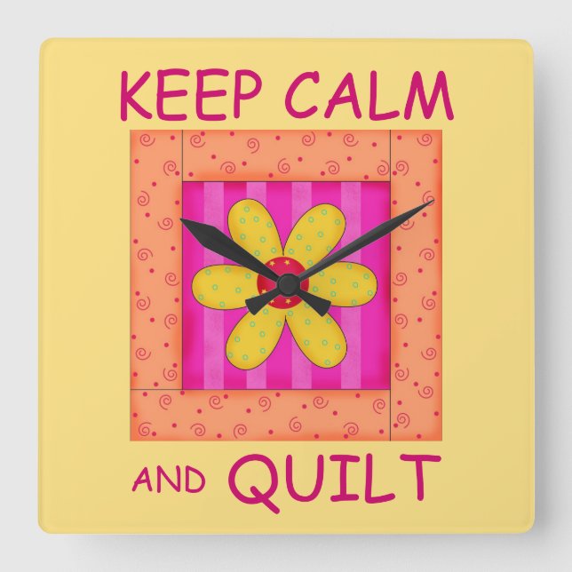 Keep Calm and Quilt Applique Flower Block Square Wall Clock (Front)