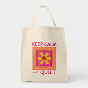 Keep Calm and Quilt Applique Flower Block Tote Bag