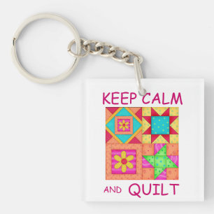 Keep Calm and Quilt Colourful Patchwork Blocks Key Ring