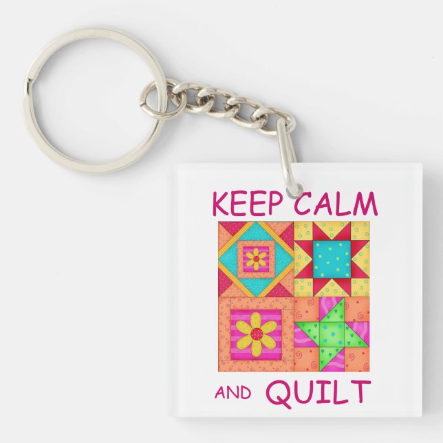 Keep Calm and Quilt Colourful Patchwork Blocks Key Ring (Front)