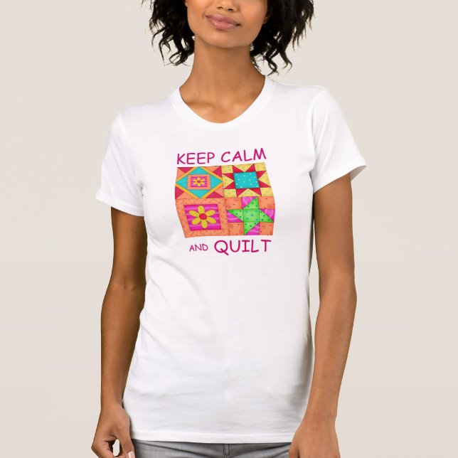 Keep Calm and Quilt Colourful Patchwork Blocks T-Shirt (Front)