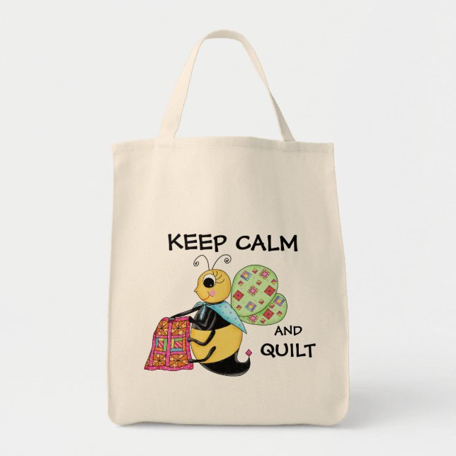 Keep Calm and Quilt Whimsy Honey Bee Art Tote Bag (Front)