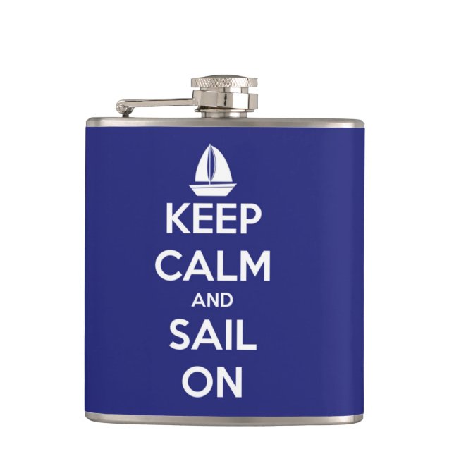 Keep Calm and Sail On Blue Personalised Hip Flask (Front)