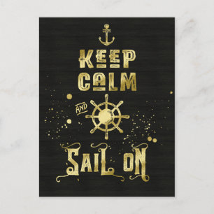 Keep Calm and Sail On Gold Helm Anchor Typography Postcard