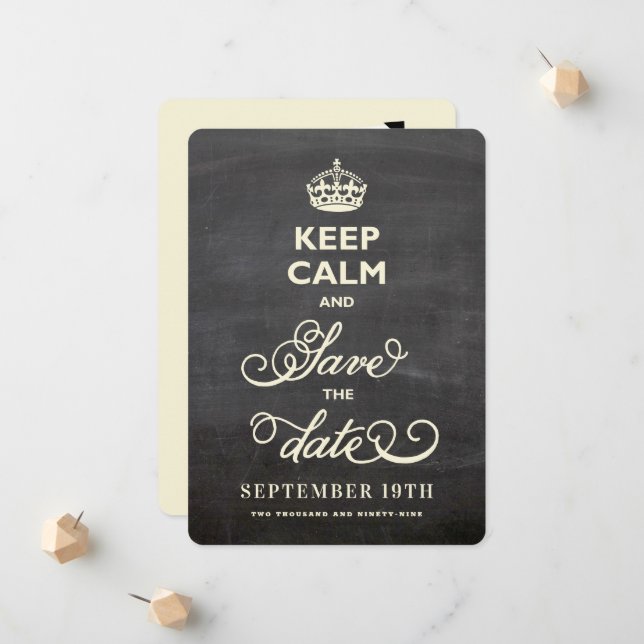 Keep Calm And Save The Date Black Chalkboard Funny Announcement (Front/Back In Situ)