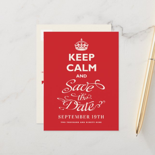 Keep Calm And Save The Date Flourish Script Funny Announcement Postcard (Front/Back In Situ)