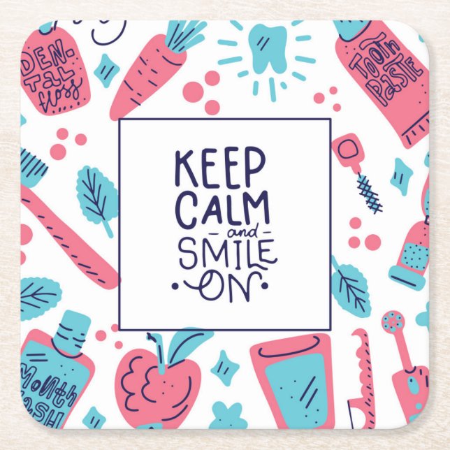 Keep Calm And Smile On | Cute Phrase Square Paper Coaster (Front)