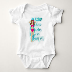 Keep calm and surf on brunette girl baby bodysuit