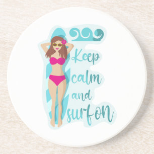 Keep calm and surf on brunette girl Card Coaster