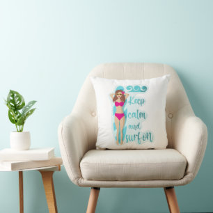 Keep calm and surf on brunette girl Card Cushion