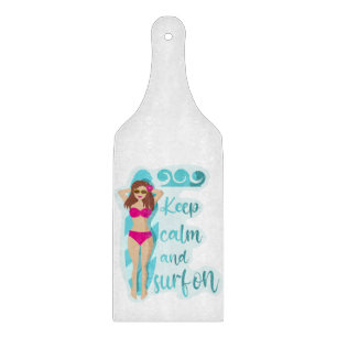 Keep calm and surf on brunette girl Card Cutting Board