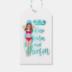 Keep calm and surf on brunette girl Card Gift Tags
