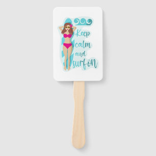 Keep calm and surf on brunette girl Card Hand Fan