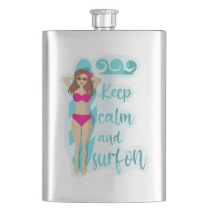 Keep calm and surf on brunette girl Card Hip Flask