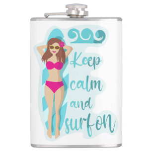 Keep calm and surf on brunette girl Card Hip Flask