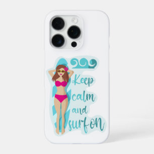 Keep calm and surf on brunette girl Card iPhone 16 Pro Case