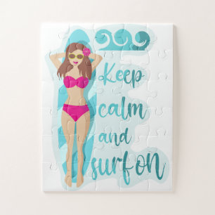 Keep calm and surf on brunette girl Card Jigsaw Puzzle
