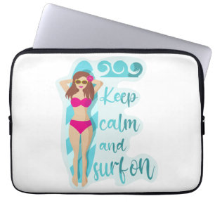 Keep calm and surf on brunette girl Card Laptop Sleeve