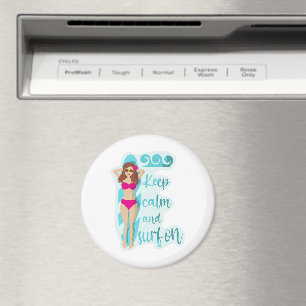 Keep calm and surf on brunette girl Card Magnet
