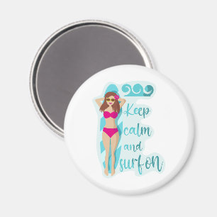 Keep calm and surf on brunette girl Card Magnet