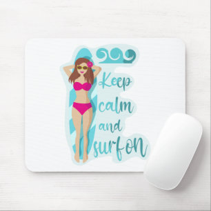 Keep calm and surf on brunette girl Card Mouse Pad