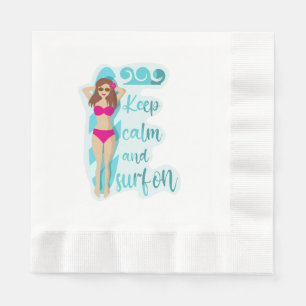 Keep calm and surf on brunette girl Card Napkin