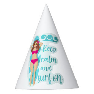 Keep calm and surf on brunette girl Card Party Hat