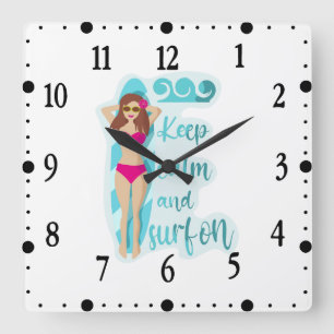 Keep calm and surf on brunette girl Card Square Wall Clock