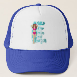 Keep calm and surf on brunette girl Card Trucker Hat