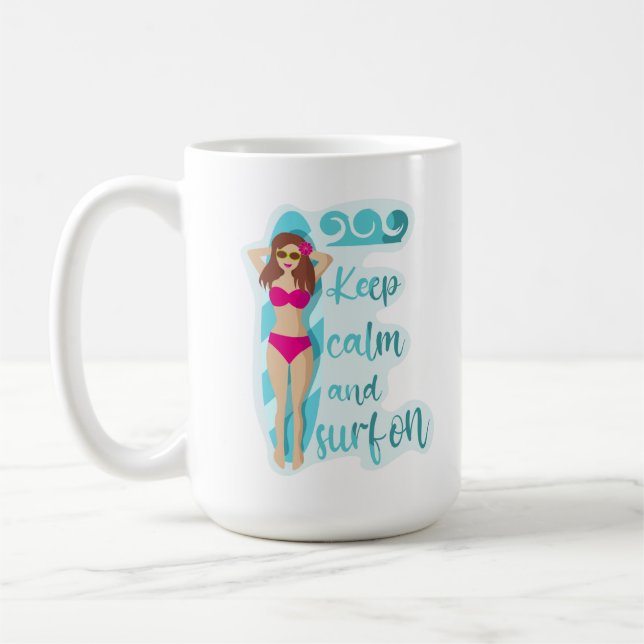 Keep calm and surf on brunette girl   coffee mug (Left)