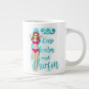 Keep calm and surf on brunette girl large coffee mug