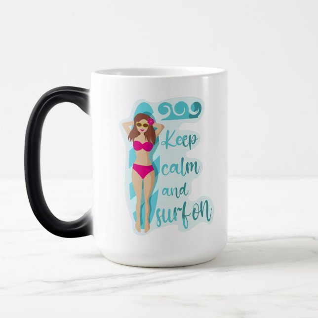 Keep calm and surf on brunette girl  magic mug (Left)