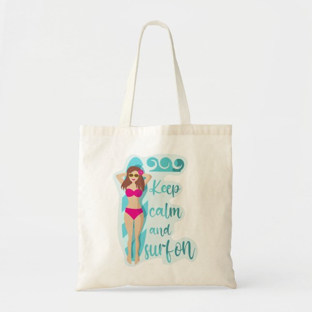 Keep calm and surf on brunette girl tote bag (Front)