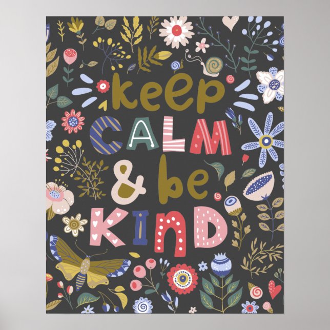 Keep Calm Be Kind Folk Art Flowers Poster (Front)