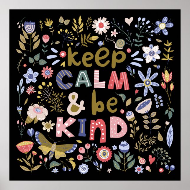 Keep Calm Be Kind Folk Art Flowers Poster (Front)