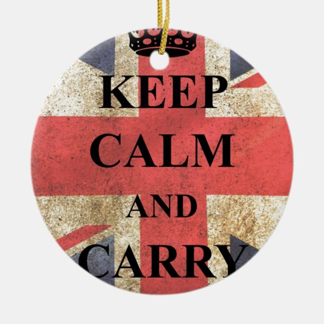 Keep Calm Carry On British Flag Ceramic Tree Decoration (Front)