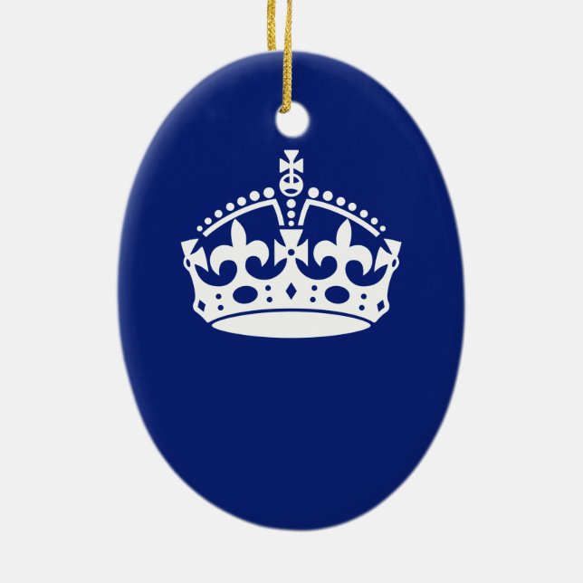 Keep Calm Crown Icon on Navy Blue Ceramic Ornament (Back)
