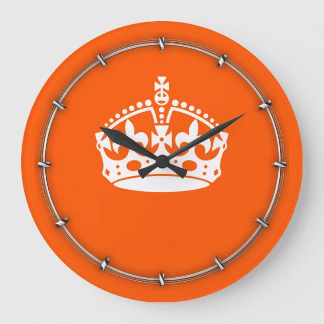 KEEP CALM CROWN Icon on Orange Customise This Large Clock (Front)
