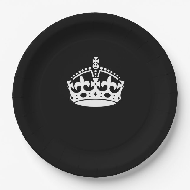 Keep Calm Crown on Black Paper Plate (Front)