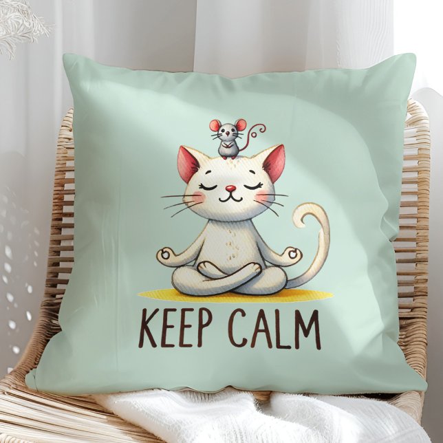 "Keep Calm" Funny Cat Lovers Cushion ("Keep Calm" Funny Cat Lovers Throw Pillow on a sunny boho rattan chair.)