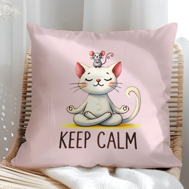 "Keep Calm" Funny Cat Lovers Cushion ("Keep Calm" Funny Cat Lovers Throw Pillow on a sunny boho rattan chair.)