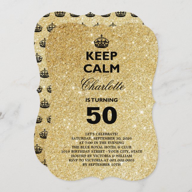 Keep Calm Glitter Milestone Birthday Party Invite (Front/Back)
