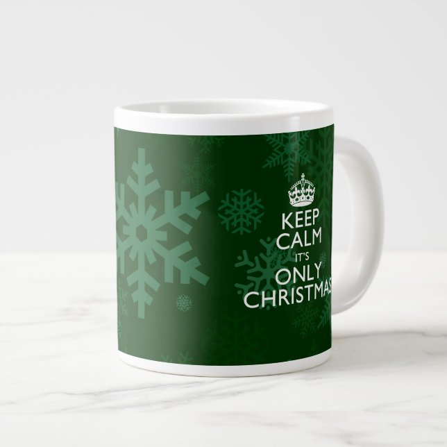 Keep Calm It's Only Christmas on Green Snowflakes Large Coffee Mug (Front Right)